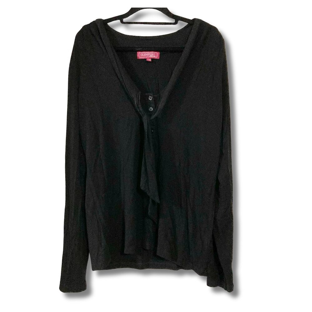 GLENSPORT Black stretch jersey long sleeve tie neck blouse ~ Vintage LARGE XL 1X